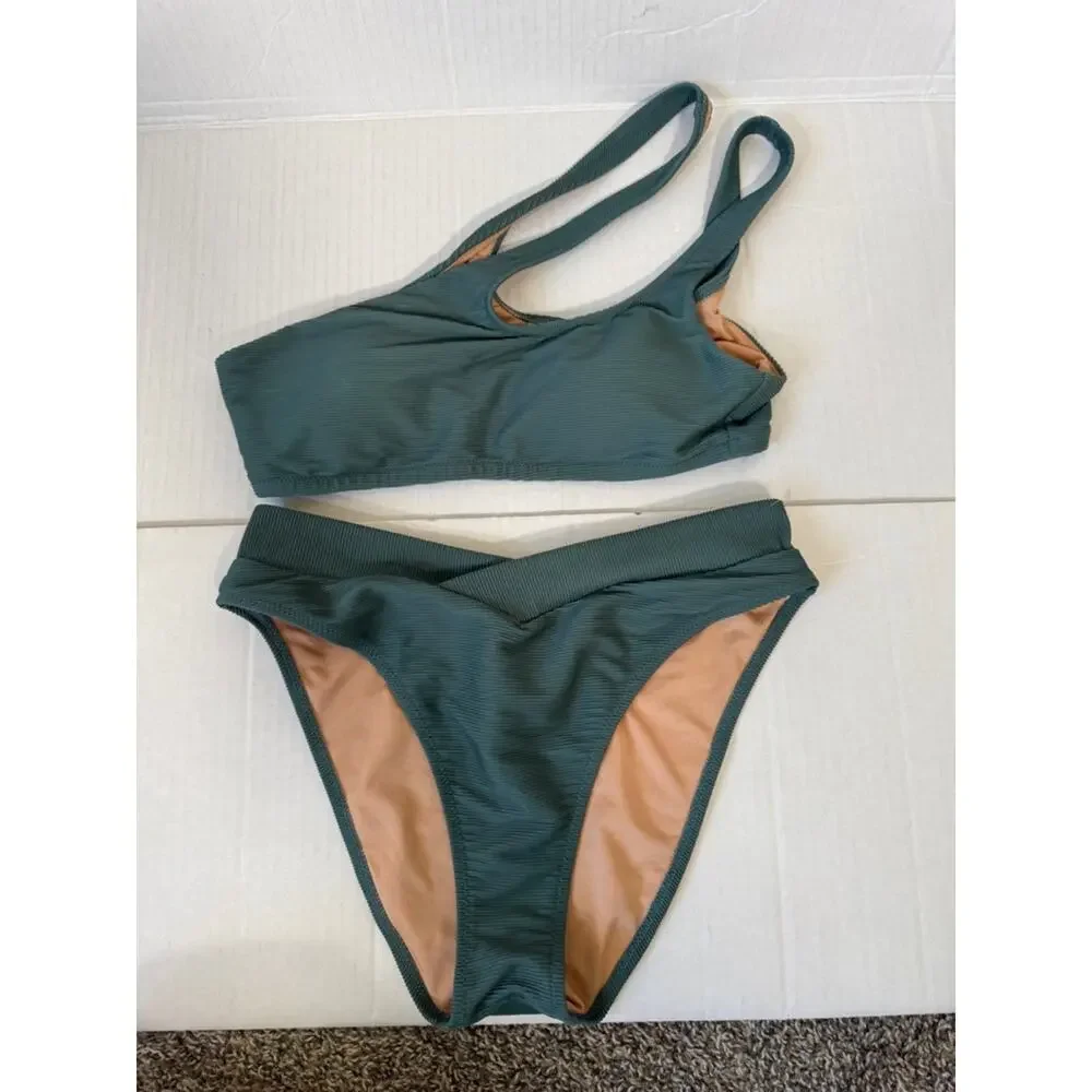 J Crew Double Strap Bikini Sage Green Two Piece Set Womens S Cheeky Ribbed Swim